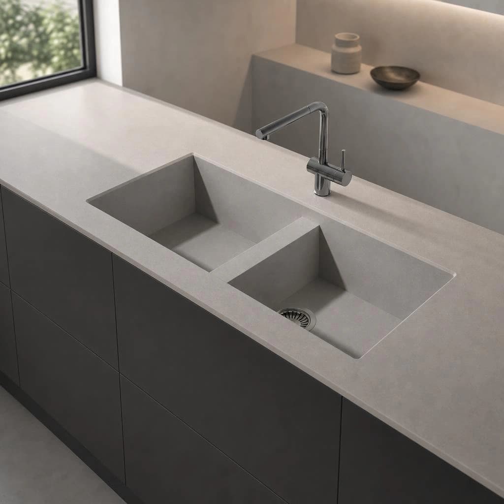 Silestone Vadella countertop in Ffrom01 with integrated double sink and chrome tap