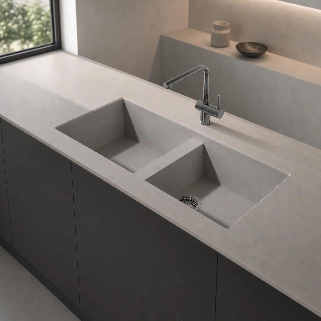 Silestone Vadella countertop in Ffrom01 with integrated double sink and chrome tap