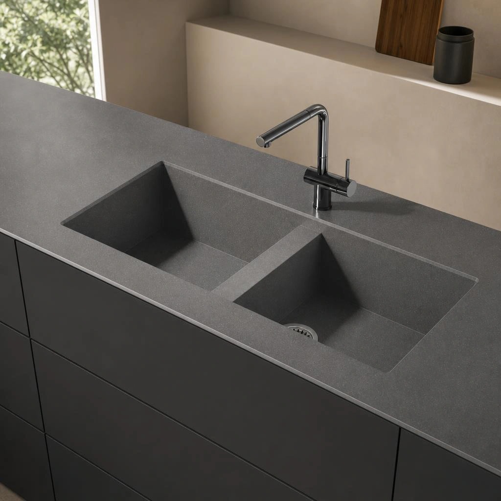 Grey Silestone Vadella Ffrom02 countertop with a double-bowl sink and chrome tap