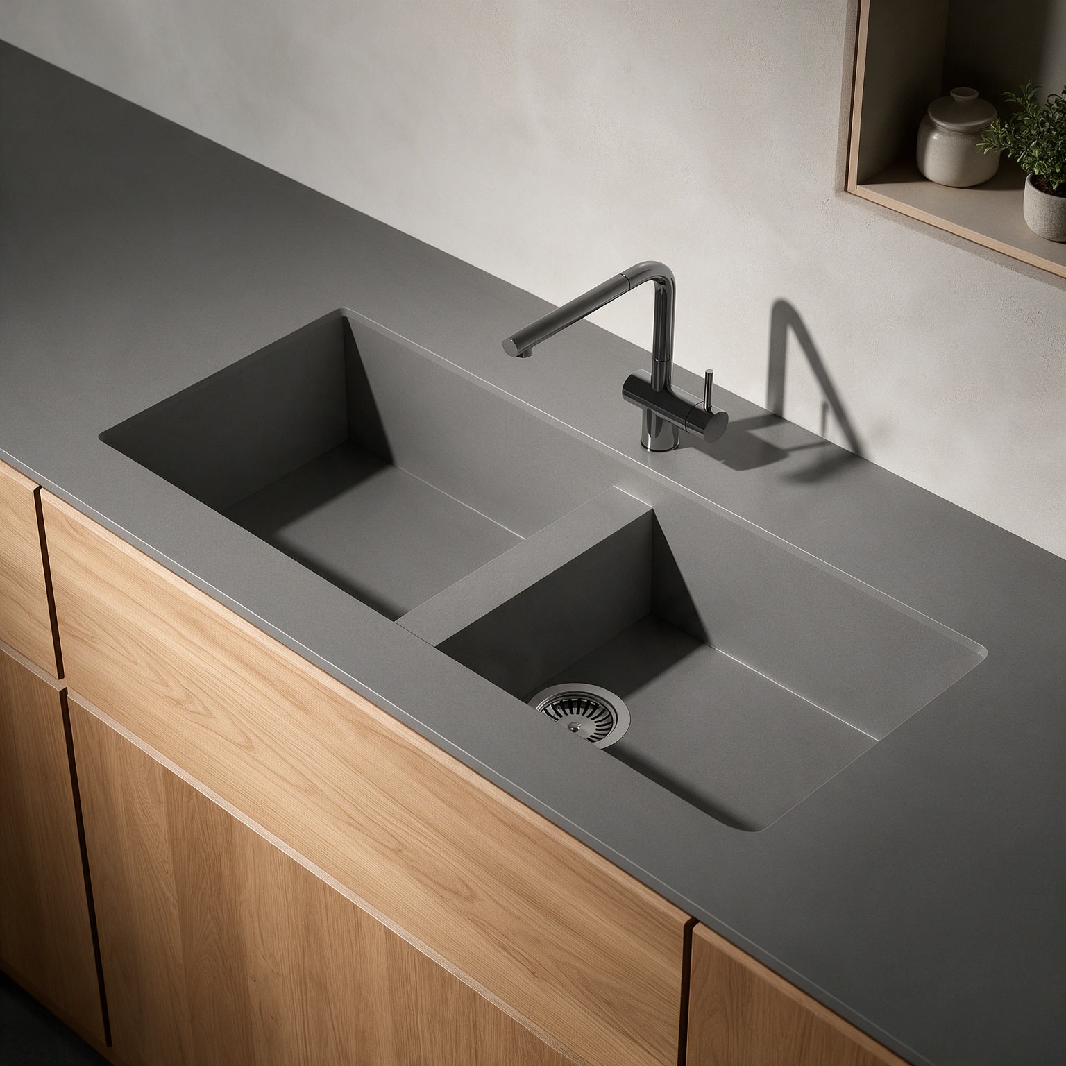 Vadella sink integrated into a Silestone Gris Expo kitchen countertop.