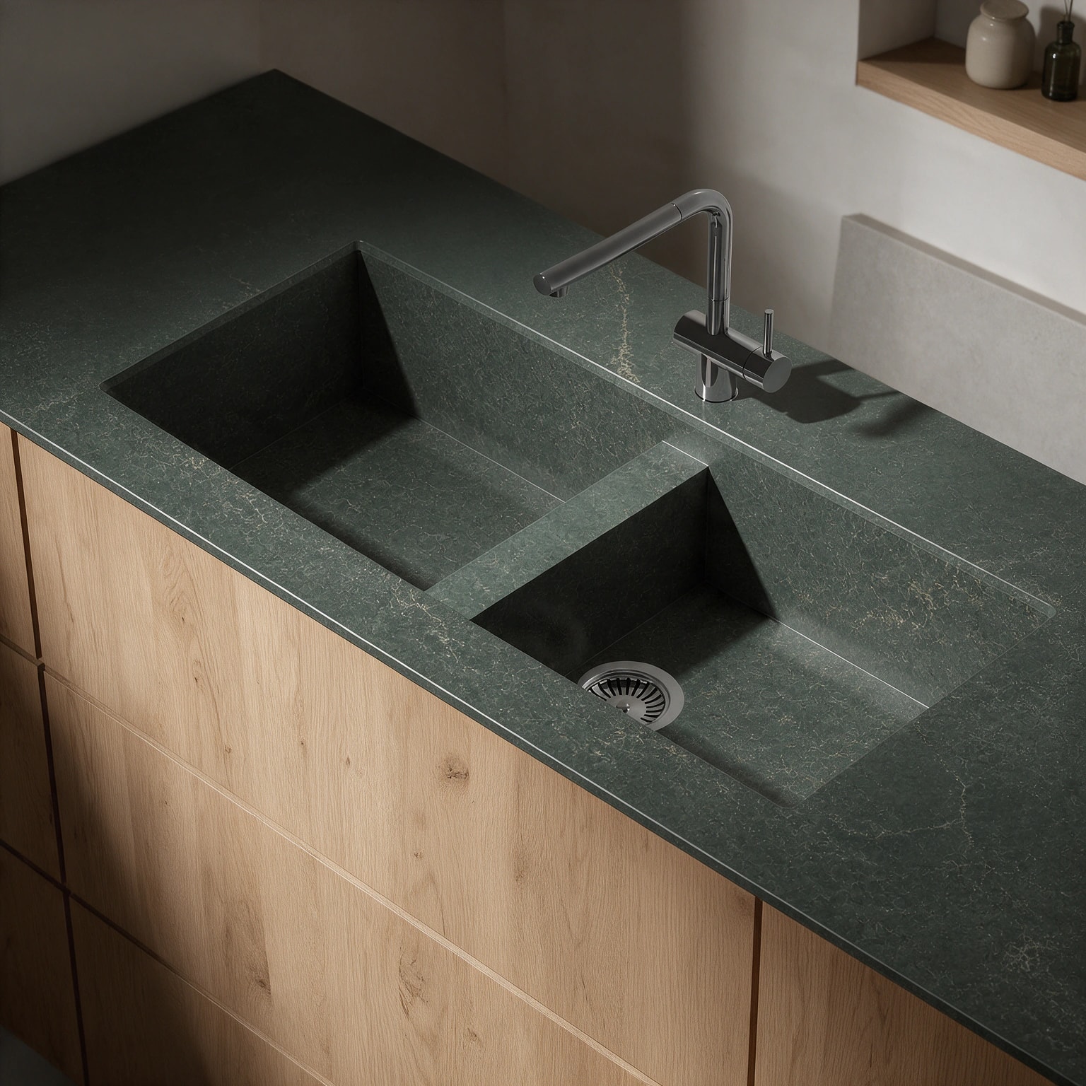 Vadella sink integrated into a Silestone Jardin Emerald kitchen countertop.