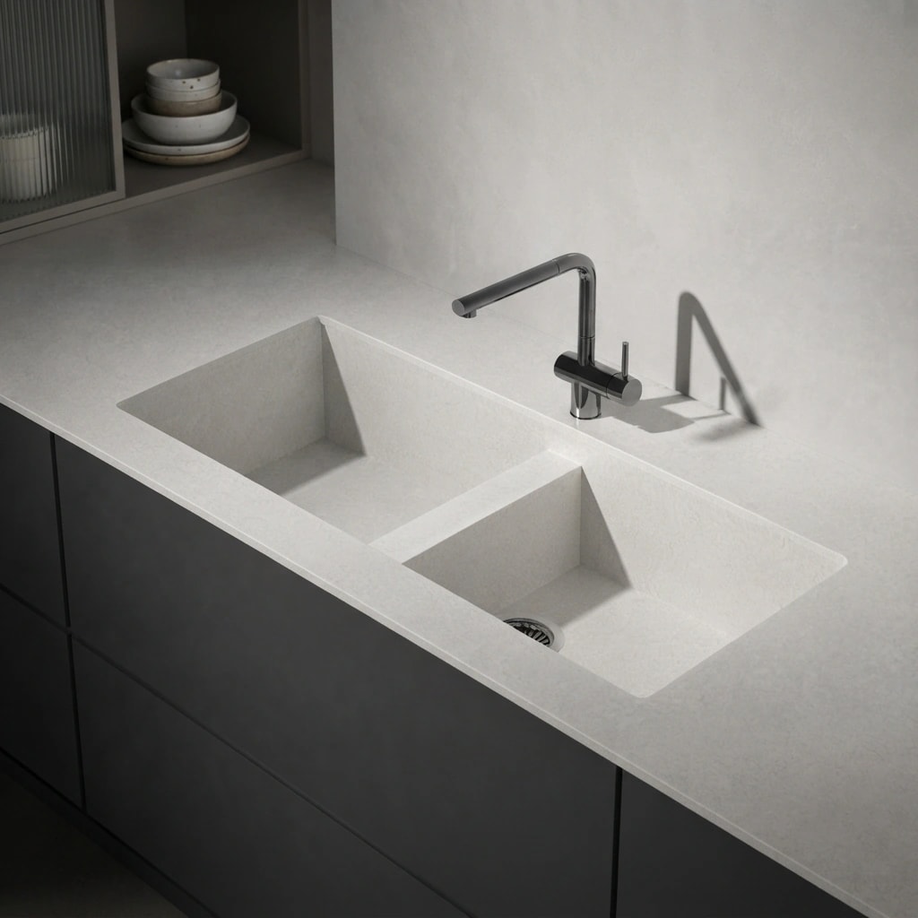 White Silestone Lagoon countertop with double-bowl integrated sink and chrome tap