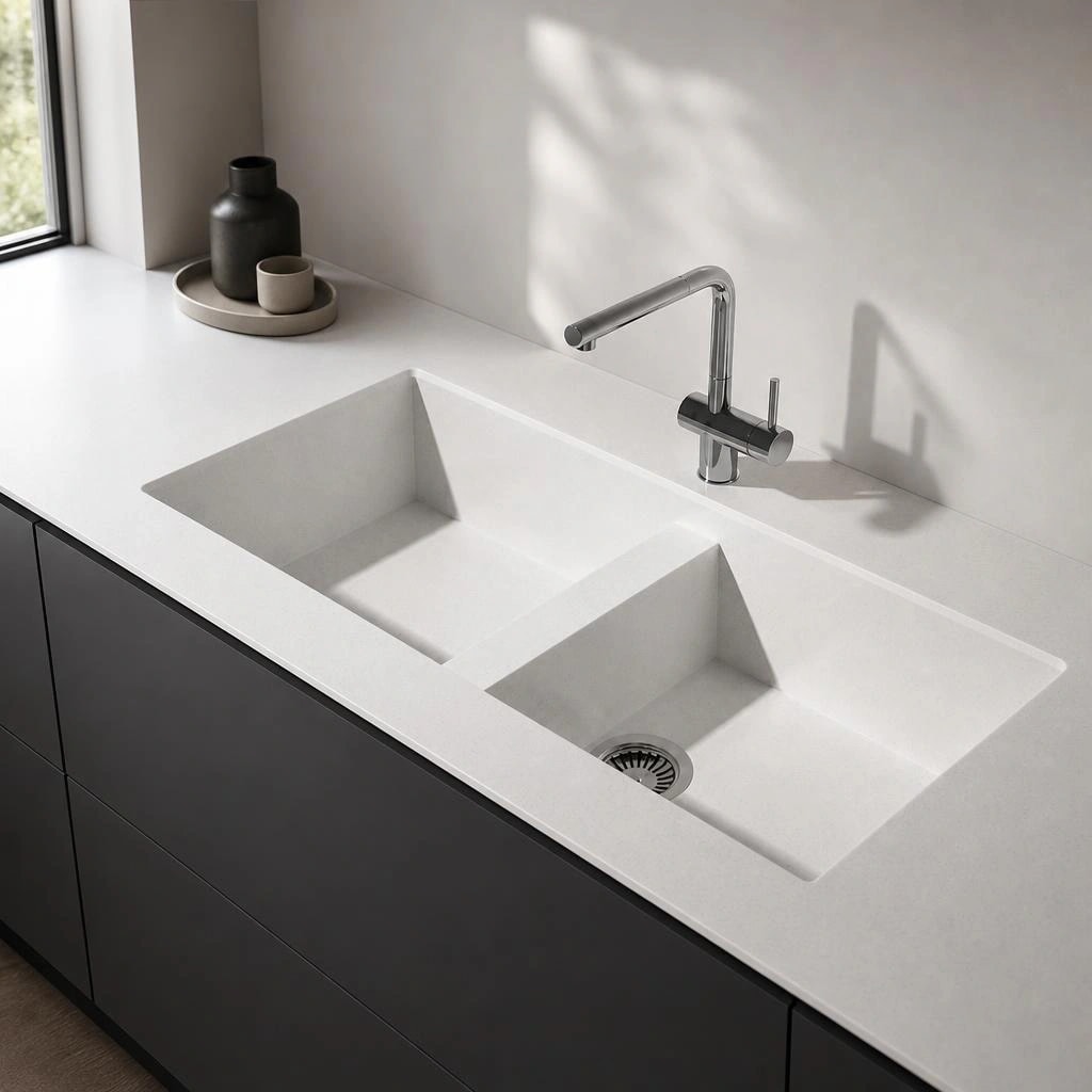 White Silestone Miami Vena worktop with integrated double sink and chrome tap