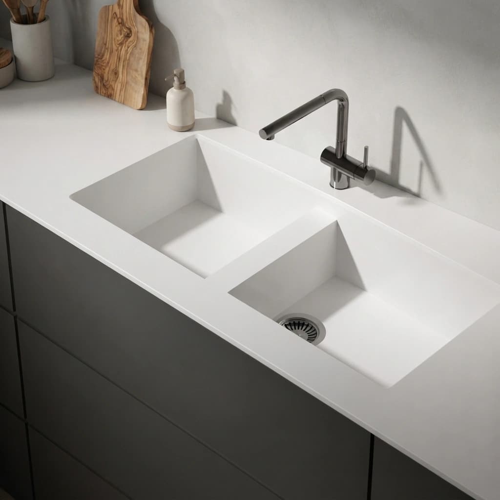 White Silestone Miami White countertop with integrated double sink and kitchen tap