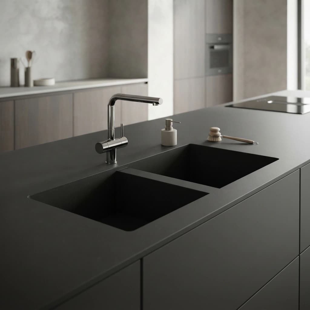 Black Silestone Night Tebas18 countertop from the Vadella model with double sink and faucet