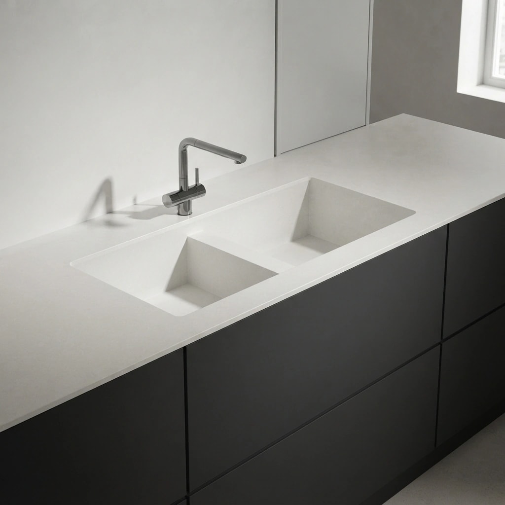 White Silestone Nolita Vadella countertop with double integrated sink and chrome faucet
