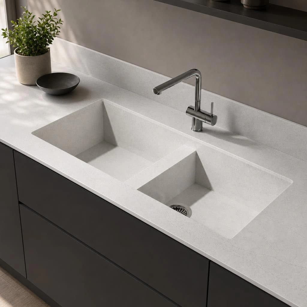 Encimera Silestone Pearl Jasmine con fregadero integrado doble y grifo cromado