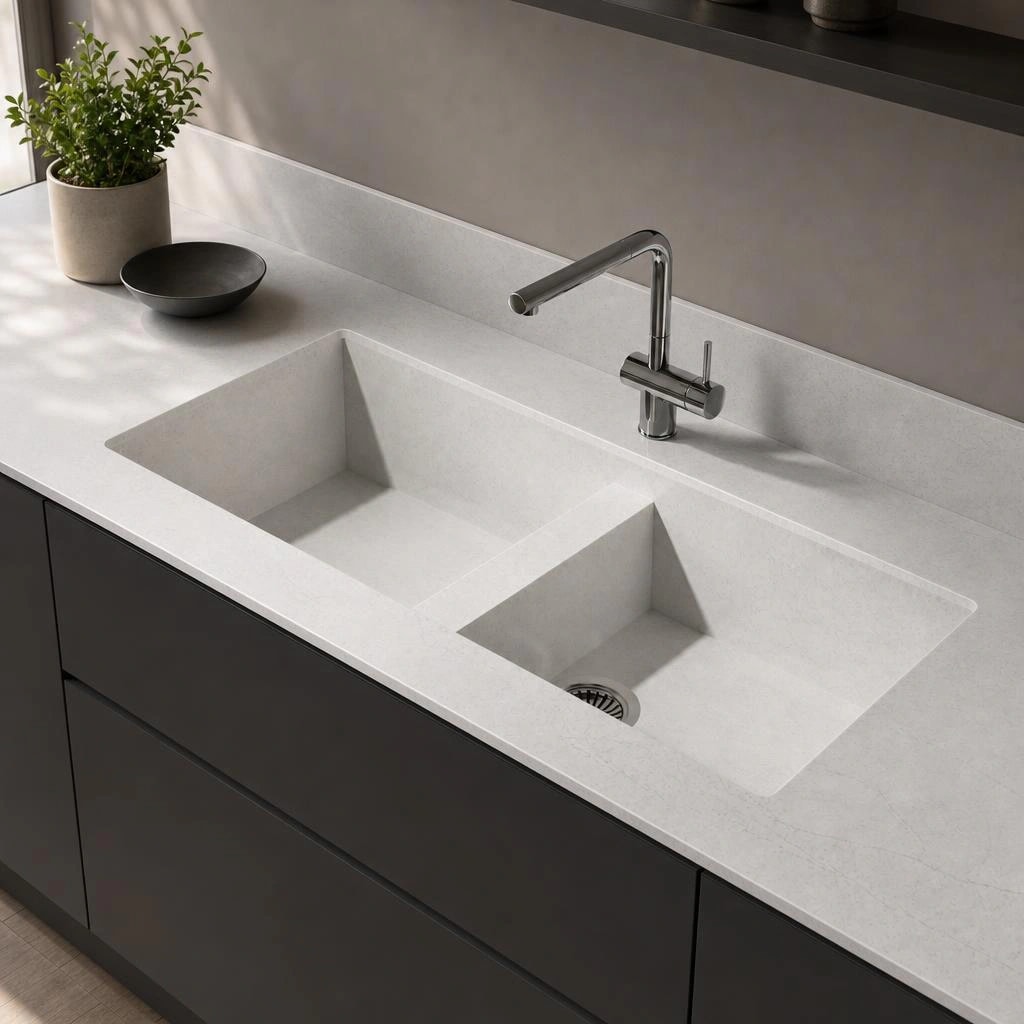 Silestone Pearl Jasmine countertop with integrated double sink and chrome faucet