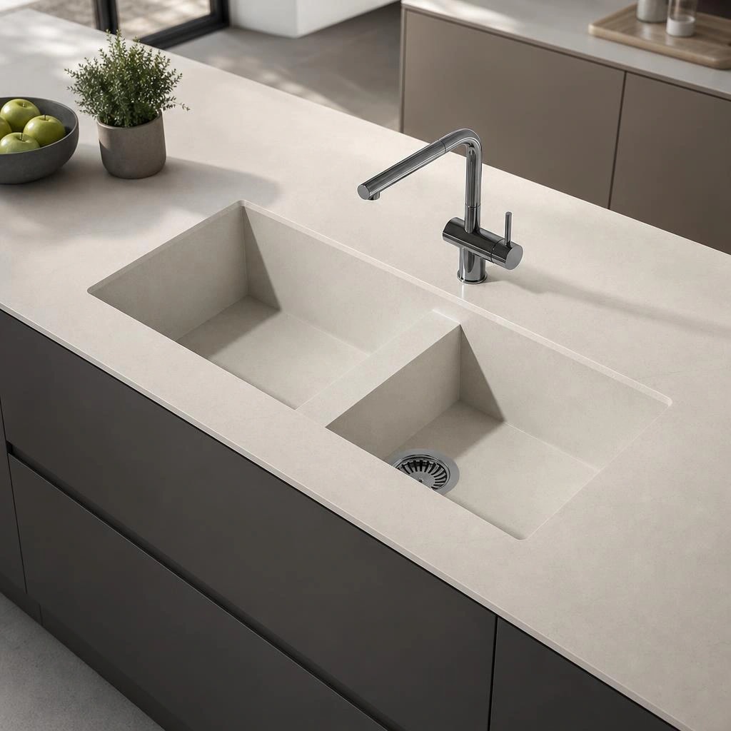 White Silestone Persian White countertop with integrated double sink and chrome faucet