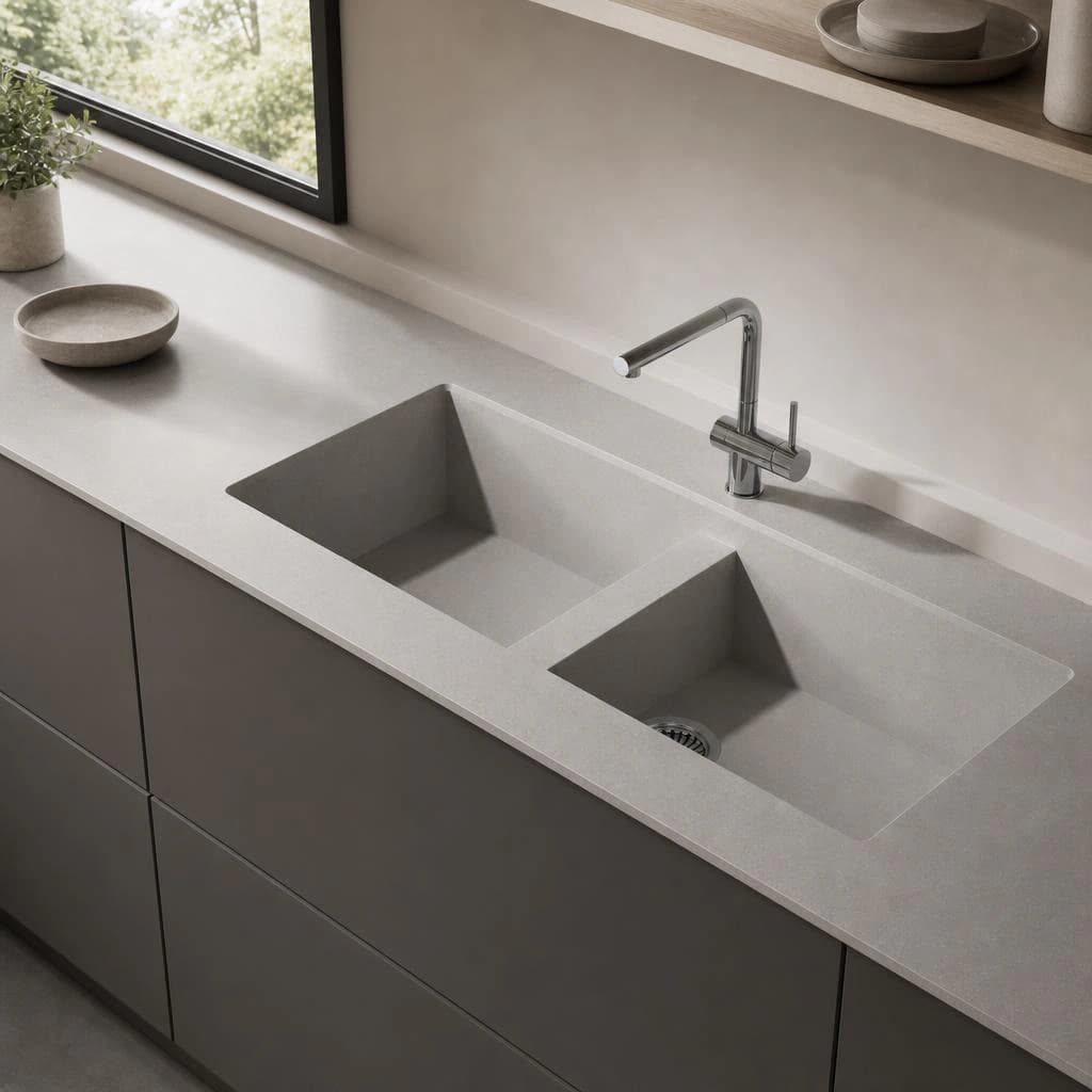 Silestone-Poblenou-Arbeitsplatte mit Doppelspülbecken und Chromarmatur