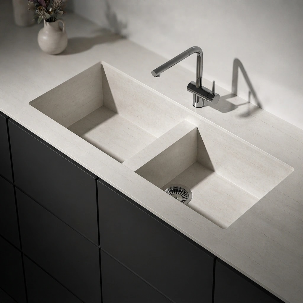 Silestone Raw A worktop with an integrated double-bowl sink and metal tap