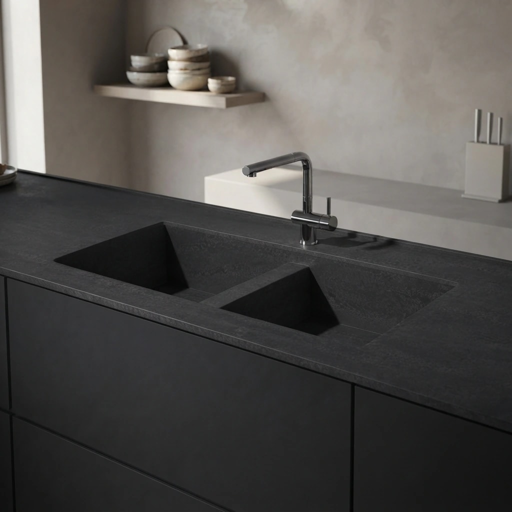 Silestone Vadella countertop in Raw D with integrated sink and black faucet
