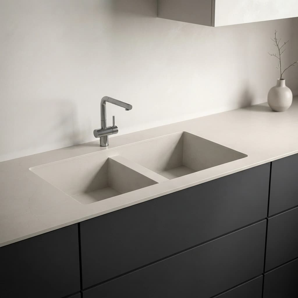 Silestone Siberian Arbeitsplatte mit integriertem Doppelspülbecken und Chromarmatur