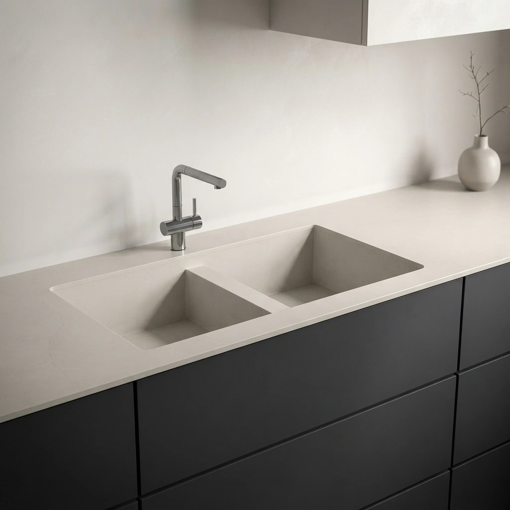 Silestone Siberian countertop with integrated double sink and chrome faucet