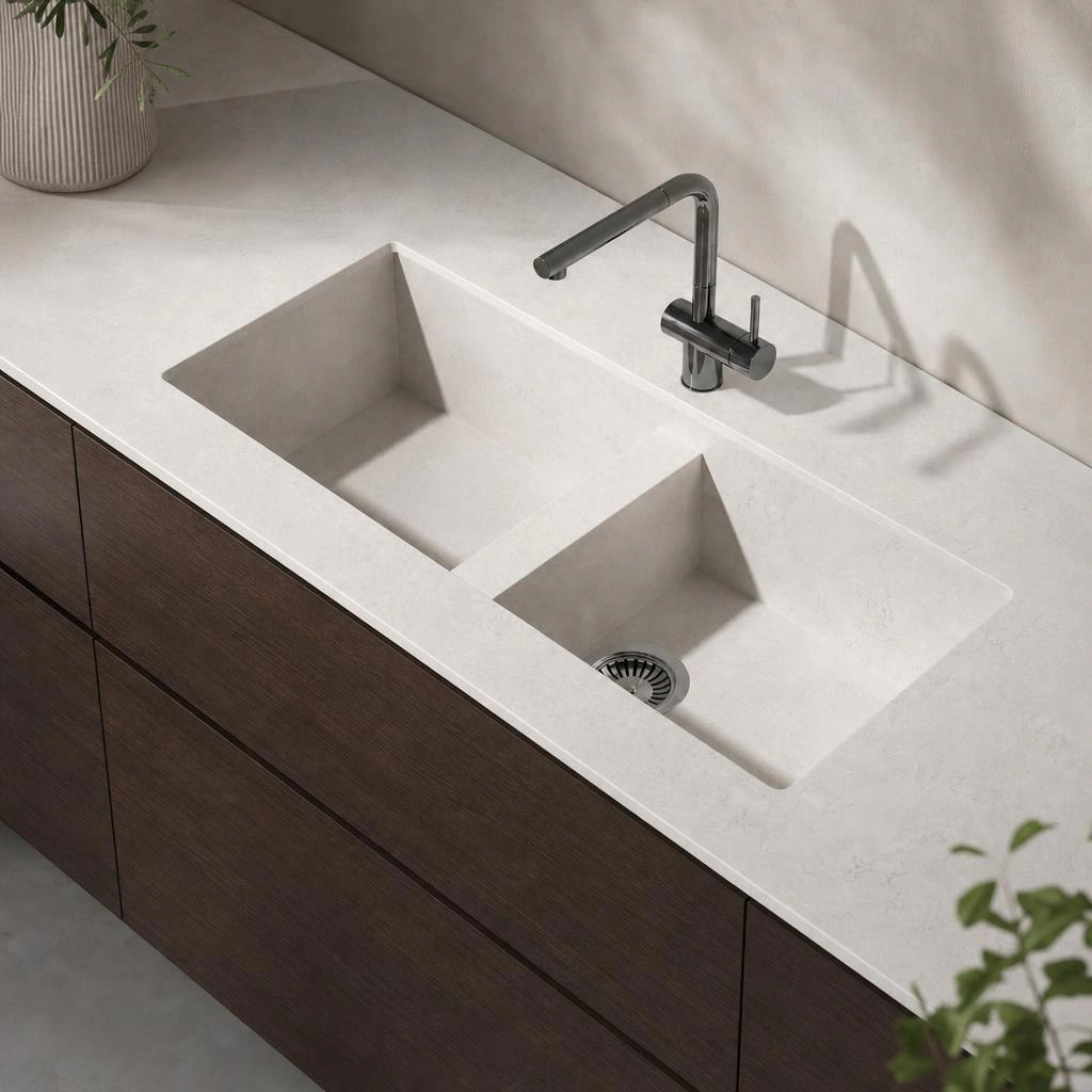 White Silestone Snowy Ibiza countertop with an integrated double-bowl sink and metal tap
