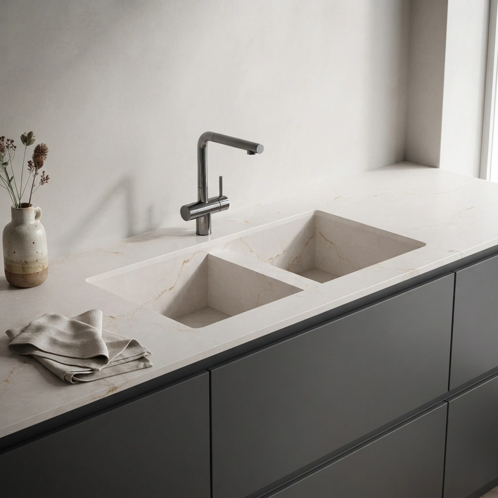 Silestone Versailles Ivory worktop with double integrated sink and metal tap
