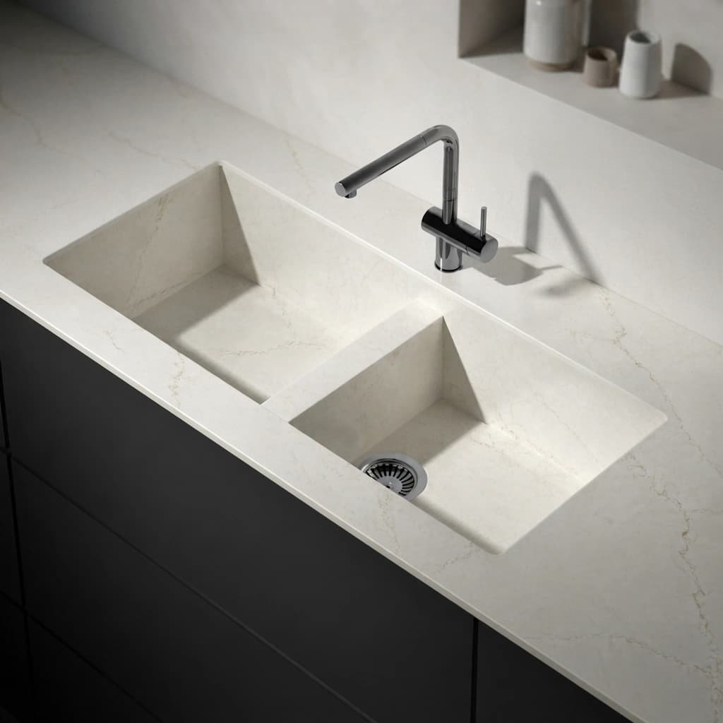 Silestone Victorian Silver worktop with integrated double sink and chrome tap