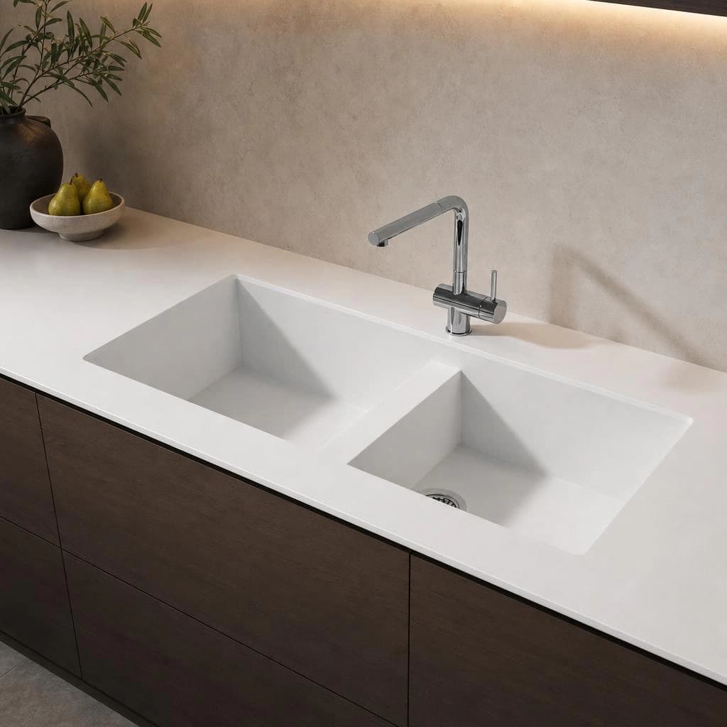 White Silestone White Storm14 countertop with integrated double sink and chrome faucet