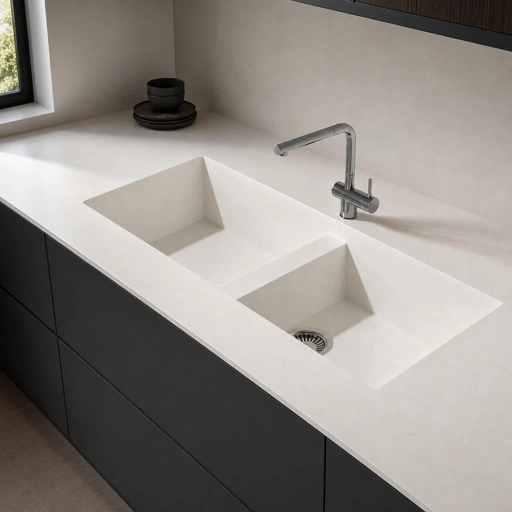White Zeus Silestone countertop with double integrated sink and chrome faucet
