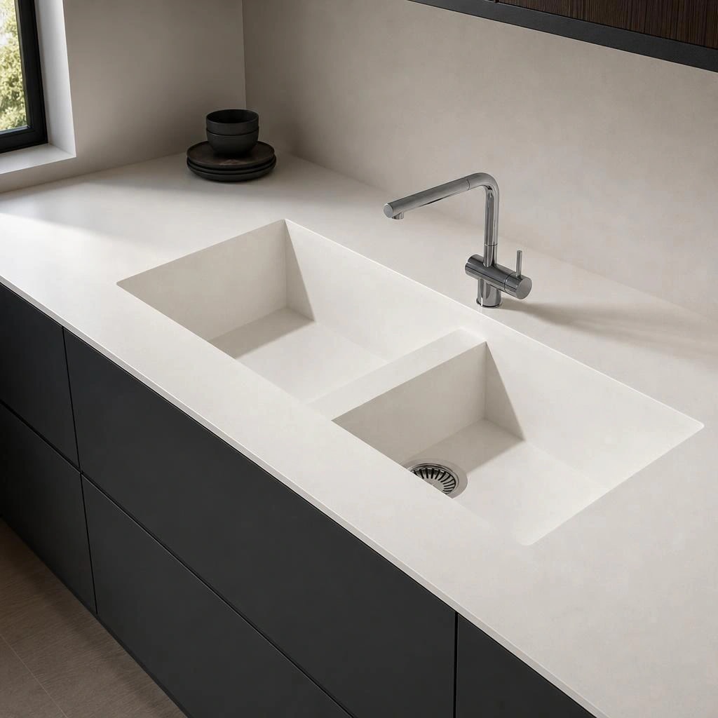 White Zeus Silestone countertop with double integrated sink and chrome faucet